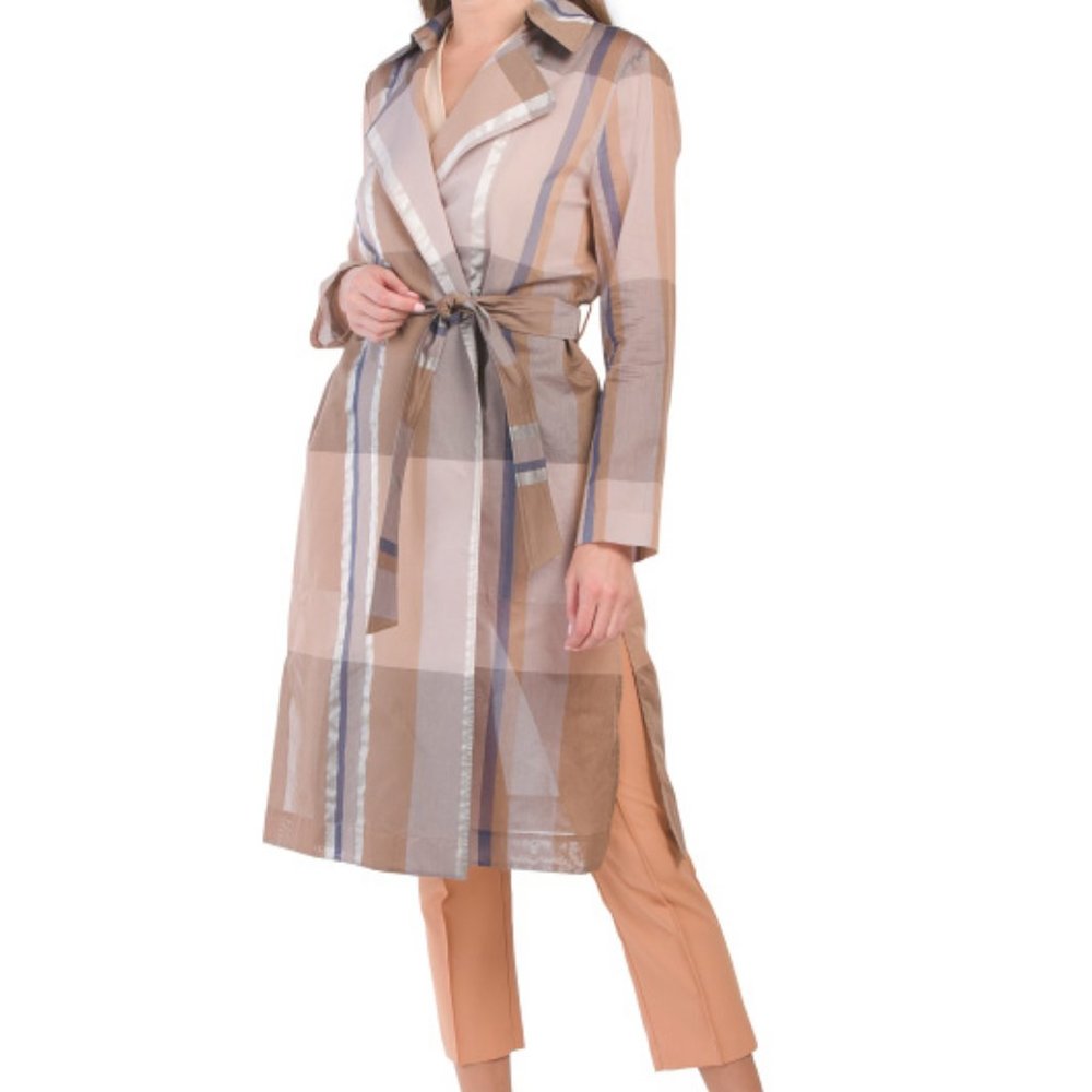 Lafayette 148 $700 Silk Cotton Organza Evangelina Plaid Trench Coat L
